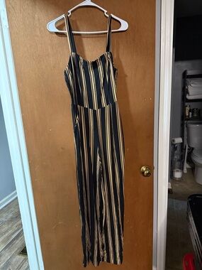 BeBop Black and Tan Vertical Stripe Jumpsuit